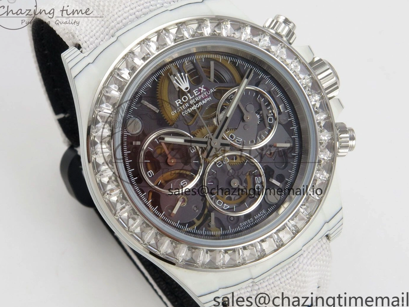 MiroTime 0301 Daytona Cosmograph White Carbon MPF Best Blaken Skeleton Dial on White Nylon Strap A FreshLook 314